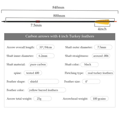 32" Adjustable Nock Carbon Arrow with Turkey Feathers